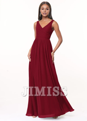 A-line V-neck pleated chiffon and floor length bridesmaid dress - Jimiss Dress
