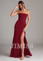 Strapless off shoulder side slit backless and floor length bridesmaid dress - Jimiss Dress