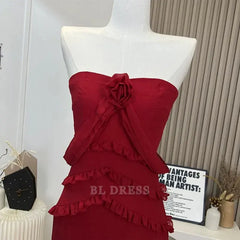 Sheath Strapless Chiffon High Low Burgundy Long formal dresses Bridesmaid Dresses evening gown Prom Dress