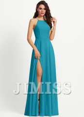 A-line low round neck floor down chiffon bridesmaid dress
