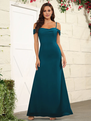 Split off shoulder thin shoulder strap chiffon and floor length bridesmaid dress