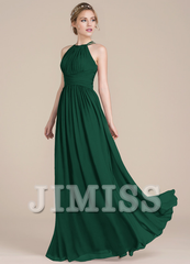 Lotus leaf A-line low round neck chiffon bridesmaid dress