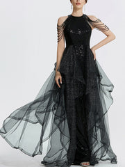 A-Line/Princess Halter Long Prom Dresses With Ruffles & Sequins Sparkly