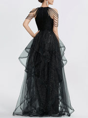 A-Line/Princess Halter Long Prom Dresses With Ruffles & Sequins Sparkly