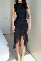 Sexy solid color pleated asymmetrical O-neck irregular evening dress
