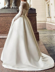 Aimishang Engagement Vintage Formal Wedding Dresses Ball Gown Illusion Neck Long Sleeve Court Train Satin Bridal Gowns With Appliques Pocket