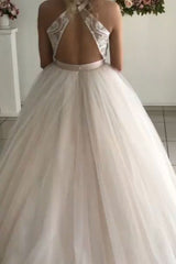 Princess Plunging Neck A-line Long Ivory Wedding Dress with Lace