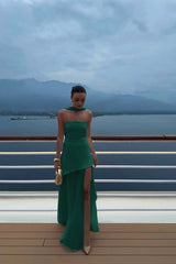 White Strapless Satin Chiffon Split Holiday Summer Prom Dress