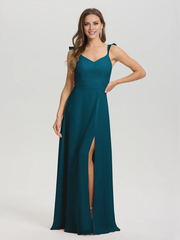 V-neck shoulder strap tied chiffon slit and floor length bridesmaid dress