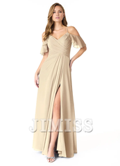 A-line V-neck pleated chiffon side slit and floor length bridesmaid dress - Jimiss Dress