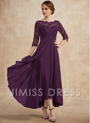 Jimiss A-line hollow illusion asymmetrical lace chiffon belt with layered ruffles mother of the bride dress