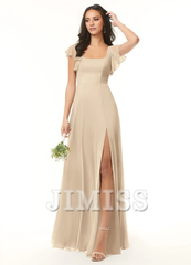 A-line pleated chiffon backless side slit and floor length bridesmaid dress - Jimiss Dress