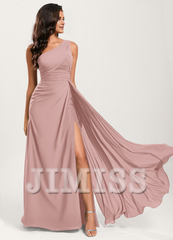 Ruffled A-line One Shoulder Floor Length Chiffon Bridesmaid Dress
