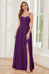 A-line slim shoulder chiffon side slit and floor length bridesmaid dress