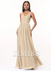 A-line V-neck pleated chiffon and floor length bridesmaid dress - Jimiss Dress
