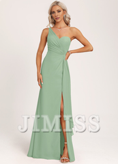 Ruffled A-line One Shoulder Floor Length Chiffon Bridesmaid Dress