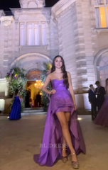A-line Strapless Light Grape High Low Satin formal dresses Bridesmaid Dresses evening gown Prom Dress