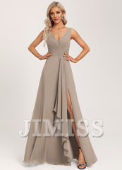 Ruffled A-line V-neck Floor-length Chiffon Bridesmaids Dress