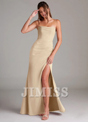 Strapless off shoulder side slit backless and floor length bridesmaid dress - Jimiss Dress