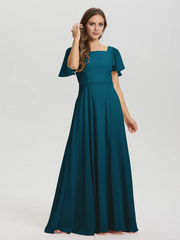 A-line square collar ruffled short sleeved and ground chiffon/ground length bridesmaid dress