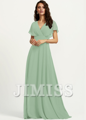 A-line V-neck floor-length chiffon bridesmaid dress
