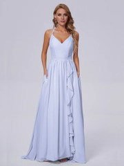 Elegant shoulder strap chiffon and floor length bridesmaid dress