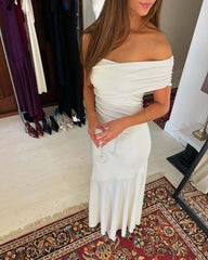 Sheath Off Shoulder Ivory formal dresses Bridesmaid Dresses evening gown Prom Dress