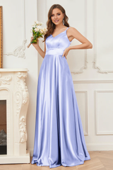 Thin shoulder strap V-neck soft satin and floor length bridesmaid dress
