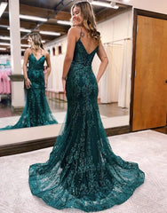 Mermaid Spaghetti Straps Prom Dress With Appliques V-neck Sparkly 