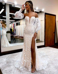 Deep V-Neck Long Prom Dress With Sleeves Off Shoulder With Slit Sexy