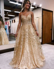 A-Line Spaghetti Straps Prom Dress With Appliques V-neck Long