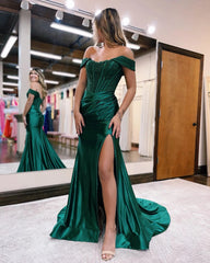 Mermaid Off The Shoulder Court Long Prom Dress With Split Charming Evening Dress