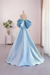 A-Line Satin Blue Long Prom Dress with Bow