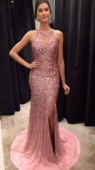 Champagne Crystal Beaded Mermaid Prom Dresses Halter Evening Gowns
