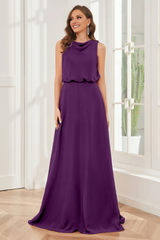 Pillar style wind neck sleeveless chiffon and floor length bridesmaid dress