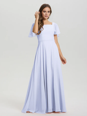 A-line square collar ruffled short sleeved and ground chiffon/ground length bridesmaid dress