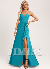 A-line V-neck and ground chiffon bridesmaid dress