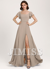 Ruffled A-Line Square Floor-Length Chiffon Bridesmaids Dress