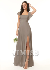 A-line pleated chiffon backless side slit and floor length bridesmaid dress - Jimiss Dress