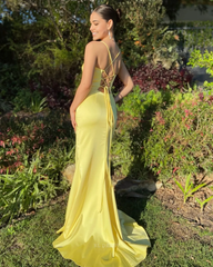 Mermaid Spaghetti Straps Yellow formal dresses Bridesmaid Dresses evening gown Prom Dress