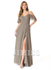 A-line V-neck pleated chiffon side slit and floor length bridesmaid dress - Jimiss Dress