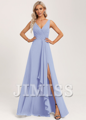 Ruffled A-line V-neck Floor-length Chiffon Bridesmaids Dress