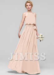 A-line low round neck bow floor mopping chiffon bridesmaid dress