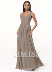 A-line V-neck pleated chiffon and floor length bridesmaid dress - Jimiss Dress