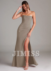 Strapless off shoulder side slit backless and floor length bridesmaid dress - Jimiss Dress