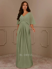 A-Line V-Neck Short Sleeves Chiffon Pleated Wedding Guest Dresses Mother of the Bride Dresse
