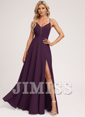 A-line V-neck tea-length chiffon pleated bridesmaid dress