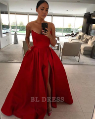 A-line Strapless Red Satin High Slit formal dresses Bridesmaid Dresses evening gown Prom Dress