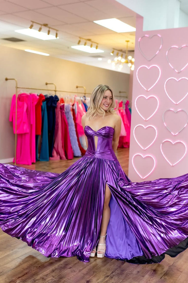 A Line Sweetheart Keyhole Metallic Satin Slit Prom Dresses