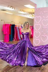 A Line Sweetheart Keyhole Metallic Satin Slit Prom Dresses